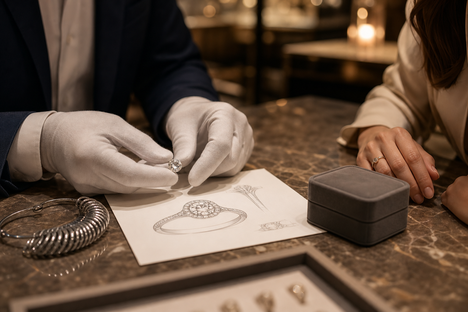 Jeweler and client reviewing a loose diamond, ring sketch, ring-size gauge, and engagement ring box