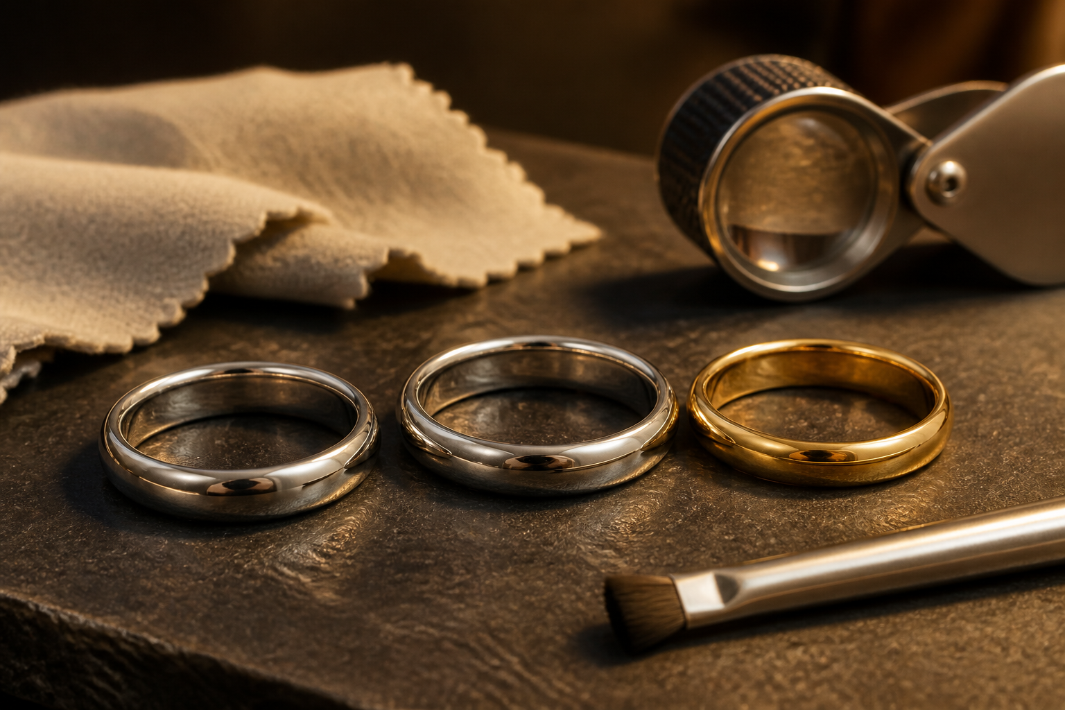 Platinum, white-gold, and yellow-gold bands beside a loupe, polishing cloth, and inspection brush