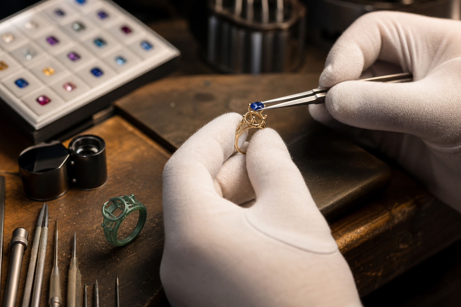 Gloved jeweler carefully removing a sapphire from a vintage gold ring beside a wax model and gem tray