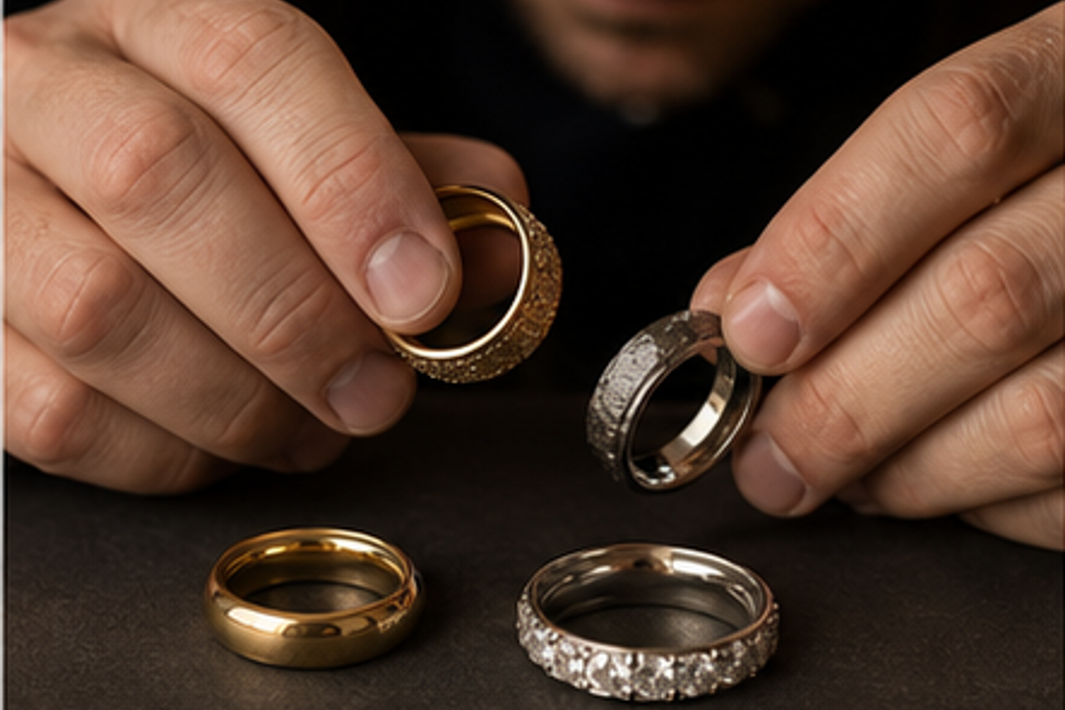 A jeweler comparing a plain gold band, a textured alternative-metal band, and a diamond band side by side