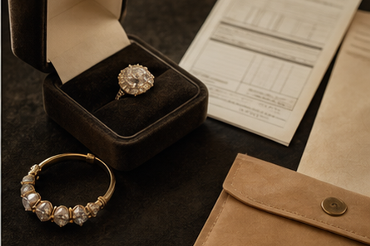 Jewelry paperwork, a branded box, a grading report, and an estate ring arranged for an evaluation