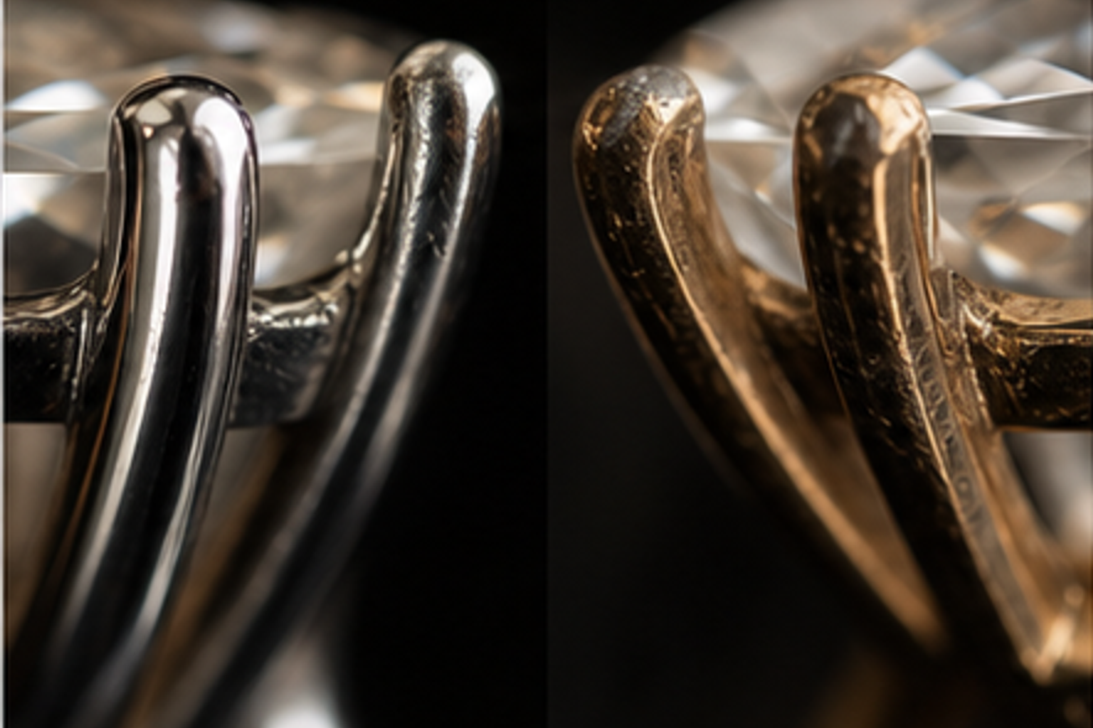 Close-up comparison of secure ring prongs and one visibly worn prong around a diamond