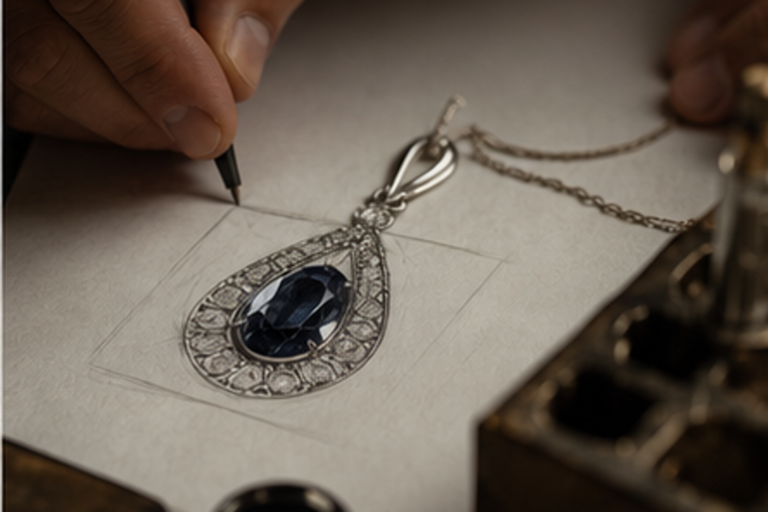A jeweler sketching a custom anniversary pendant beside an heirloom gemstone and handwritten date