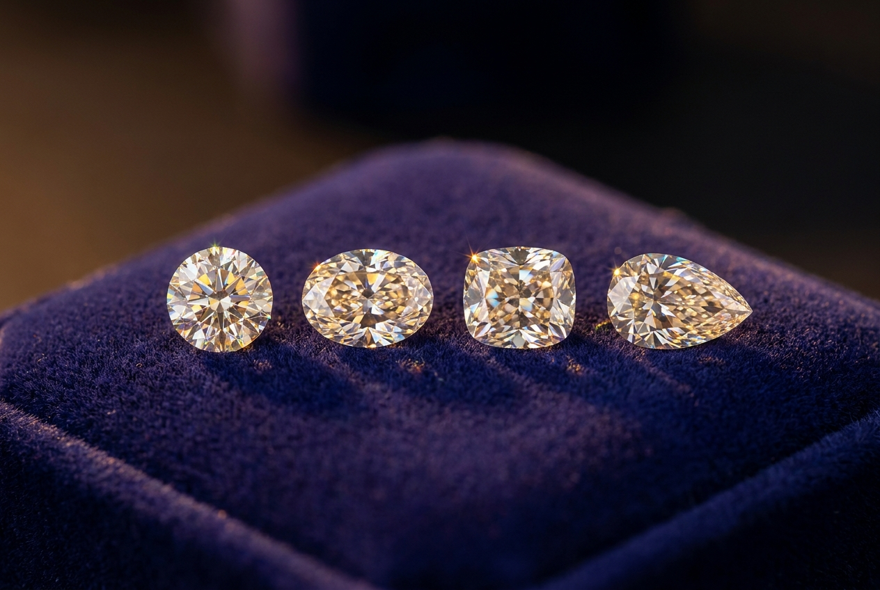 Four diamonds arranged to illustrate differences in cut, color, clarity, and carat weight