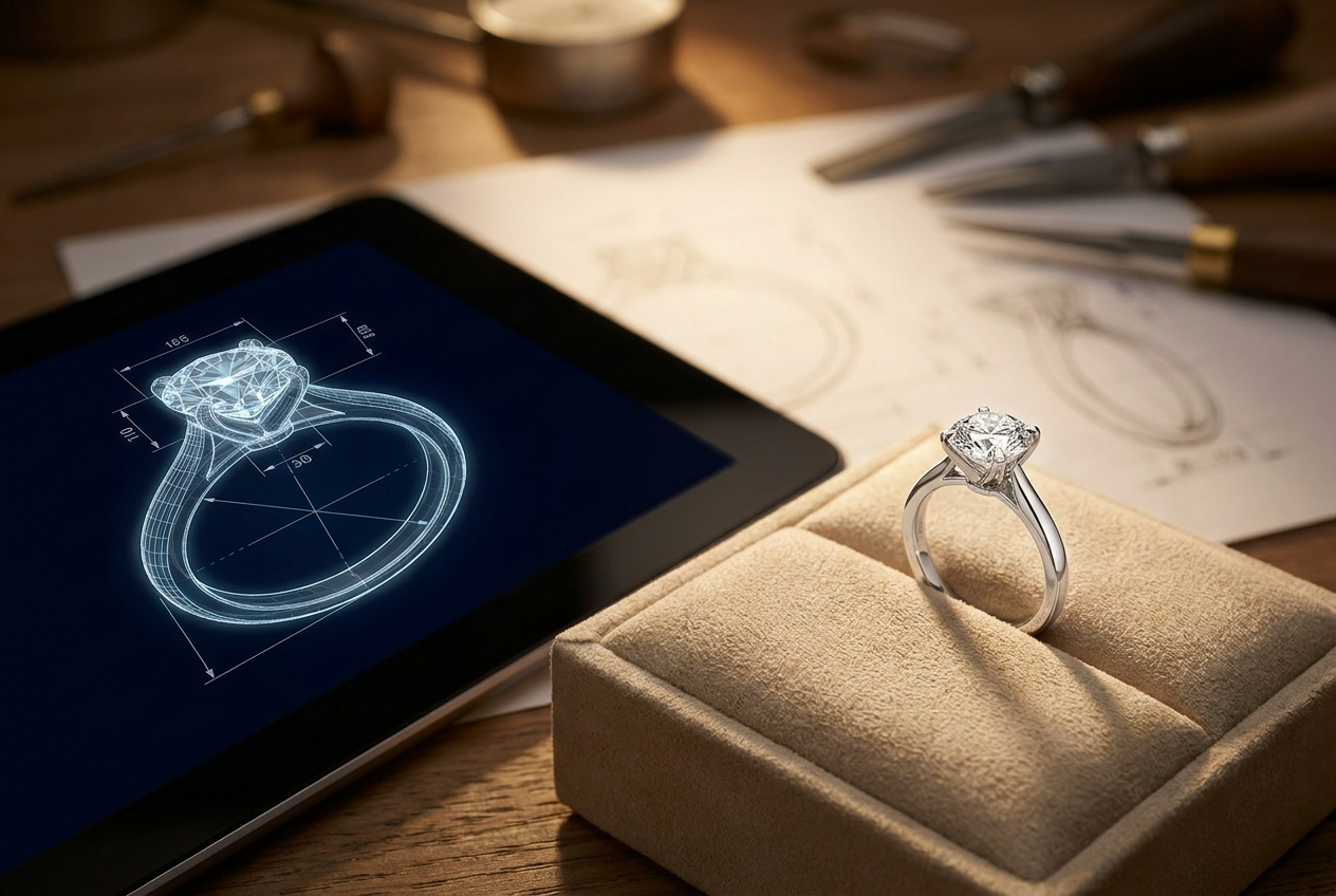 A custom engagement ring CAD rendering shown next to the finished ring