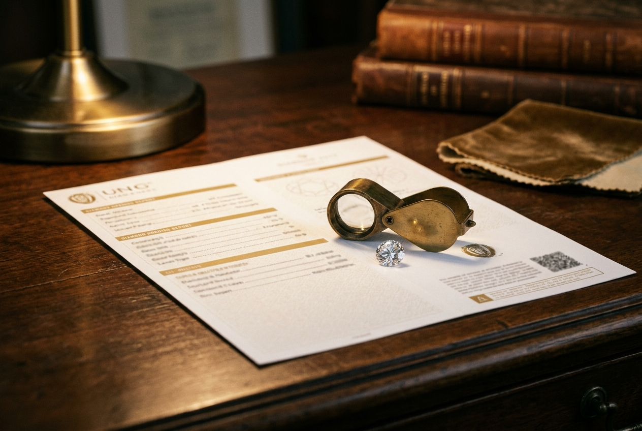 A grading report and loupe beside a diamond, representing independent certification
