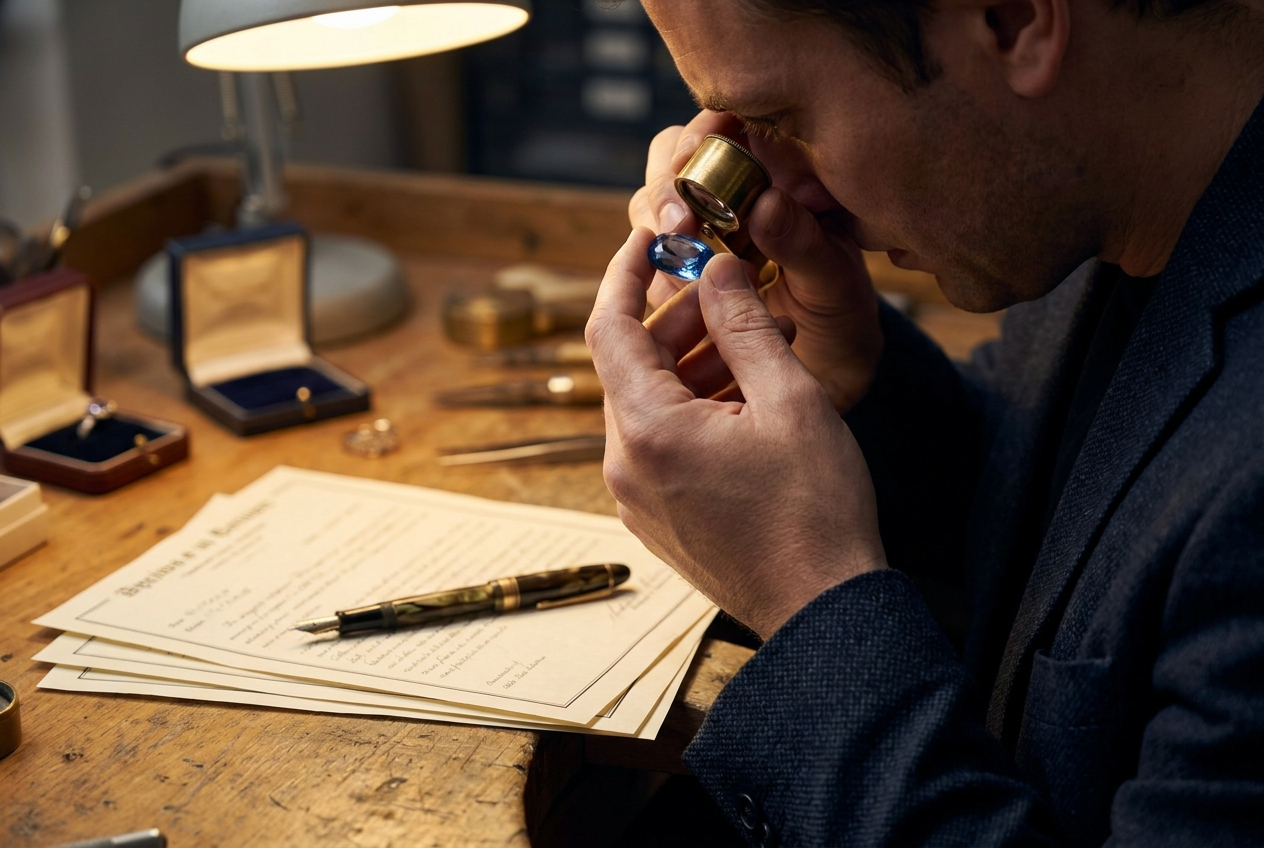An appraiser examining a gemstone with a loupe and recording details on an appraisal form