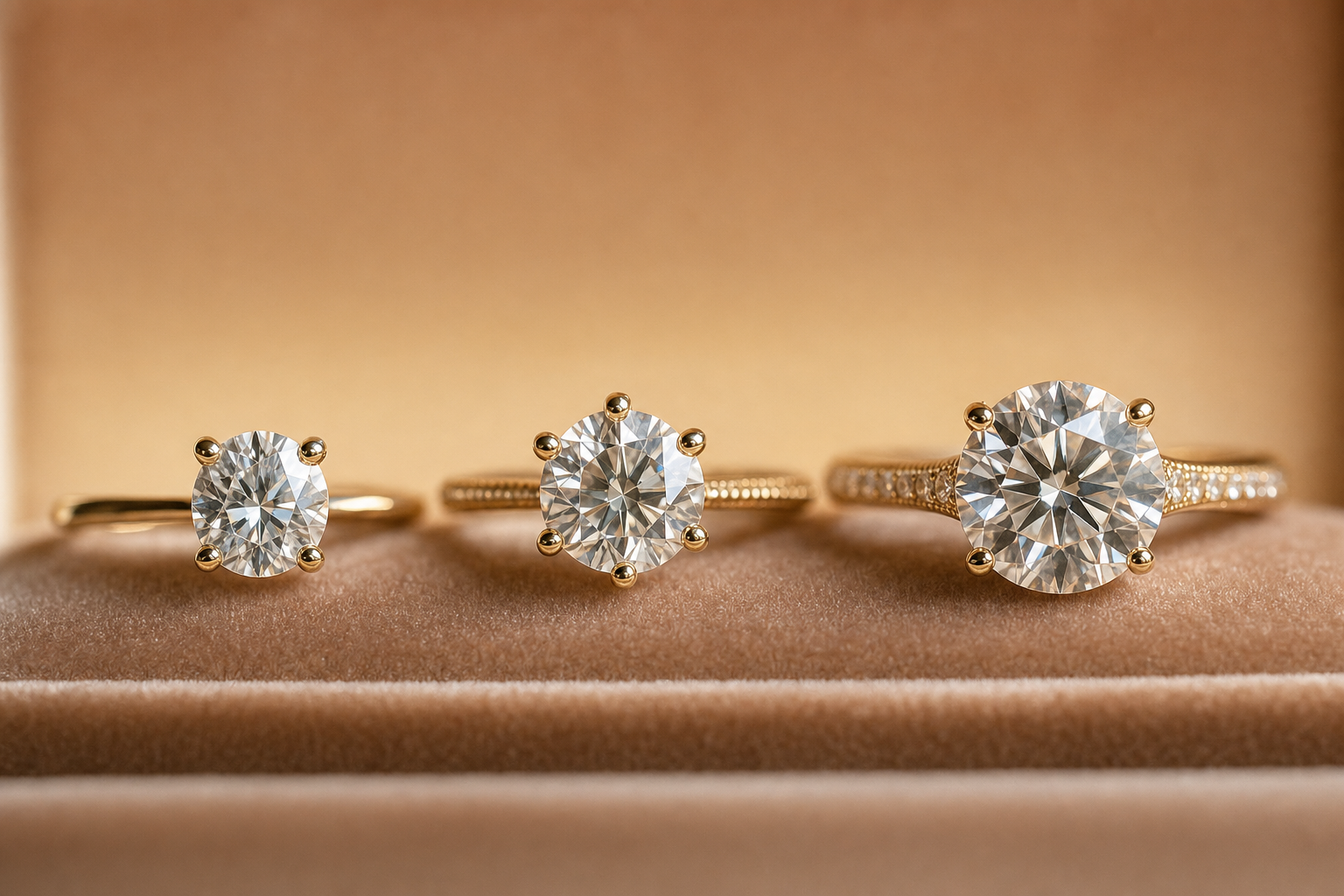 Three engagement rings at different price points arranged to compare size and setting