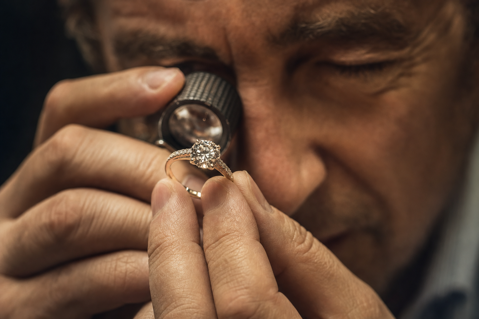 Close-up of a diamond ring being examined with a jeweler's loupe during an appraisal