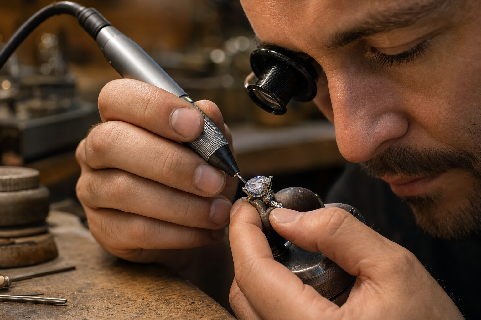 A jeweler using a handheld tester to distinguish moissanite from a diamond