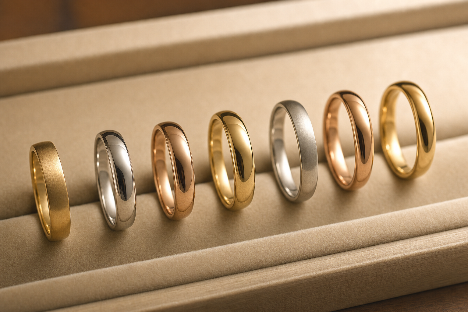 Several wedding band profiles, straight and contoured, laid out for comparison