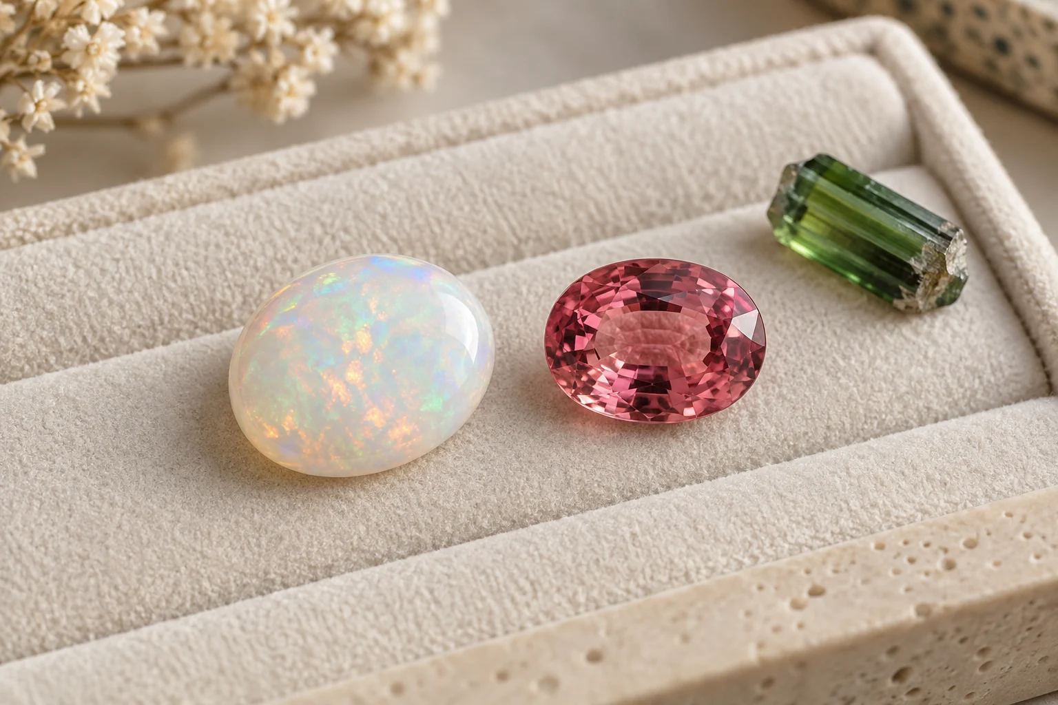 Loose white opal beside pink and green tourmaline gemstones on a jewelry tray