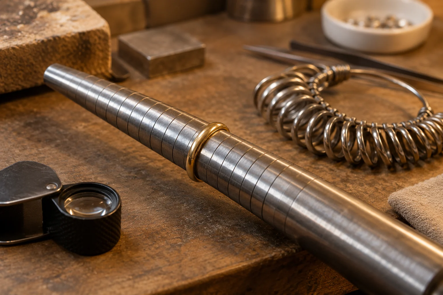 Jeweler’s ring sizing mandrel beside a ring gauge and loupe